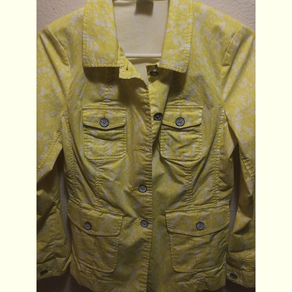 Cabi Yellow White Floral Utility Jacket Button Front Four Pocket Cotton Blend S